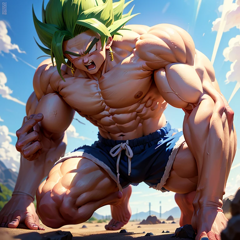 (Eine detaillierte Zeichnung von Son Goku, bodybuilding gym.), shirtless, barefoot