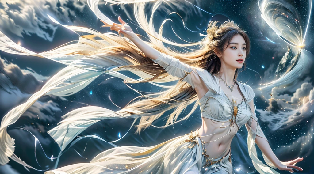 A fairy，White satin tulle gown，White fringed hair ornament，Long white hair，Big chest，Charming side face，A noble gesture，Faraway view，8k，Flying on one leilky Way starry sky background，Fairy spirit fluttering halo，Profile vision