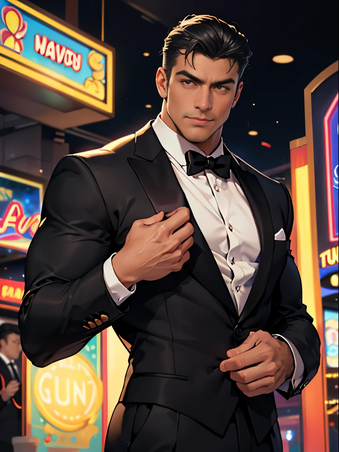 suave secret agent, muscular man, hunk, charming, attractive, black tuxedo, luxury casino background, mysterious aura, volumetric lighting, depth of field, best quality