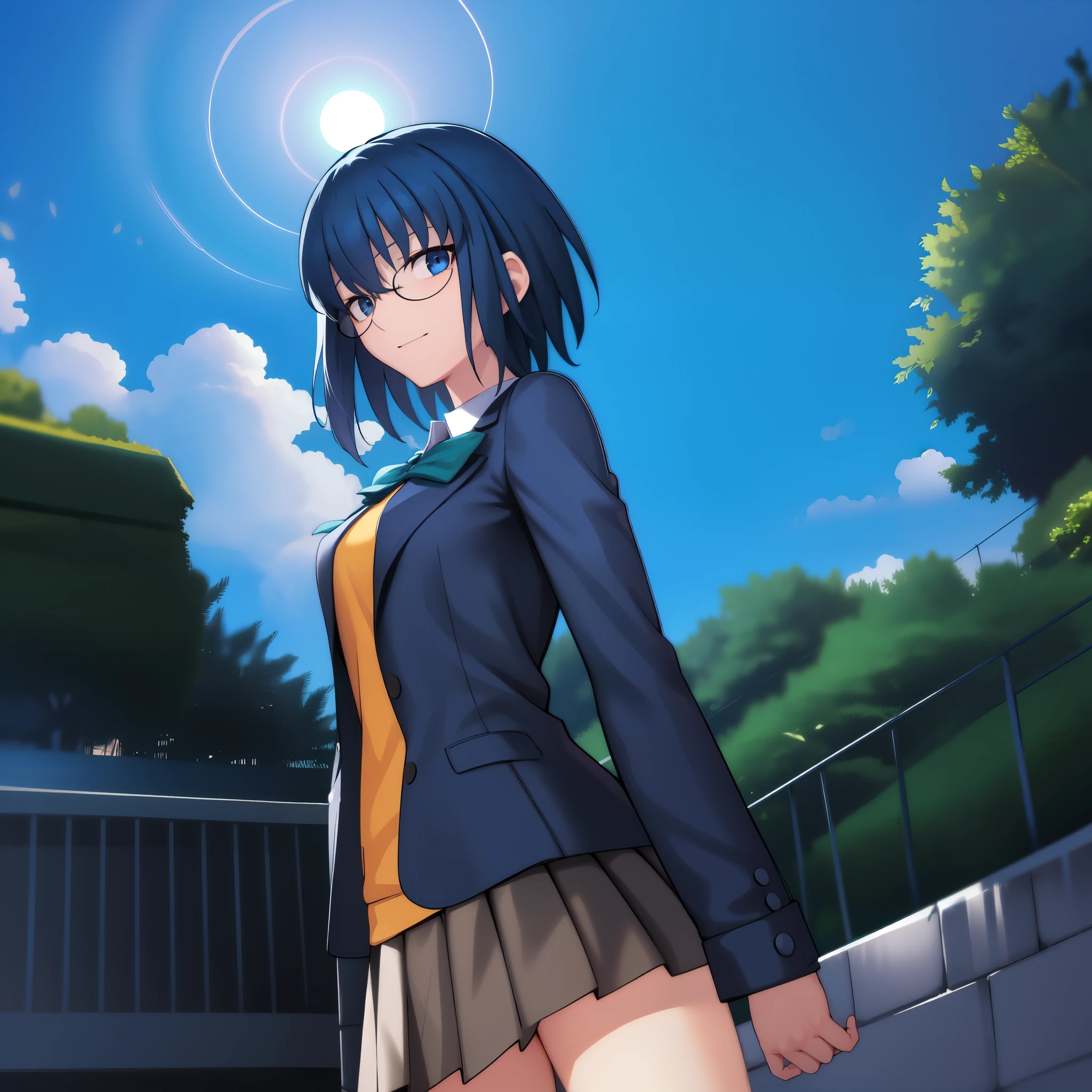 ciel_(tsukihime), 1girl, black jacket, blazer, blue hair, blurry, bow, bowtie, building, cloud, collared shirt, day, depth of field, fence, from side, glasses, green bow, green bowtie, jacket, looking at viewer, school uniform, shirt, short hair, sky, solo, standing, (full body:1.5), from below, vest, white shirt, yellow vest, outdoors, smile, black-framed eyewear, open clothes, blue sky, closed mouth, long sleeves, tree, open jacket, blue jacket, breasts, arms behind back, yellow cardigan, uniform, pocket