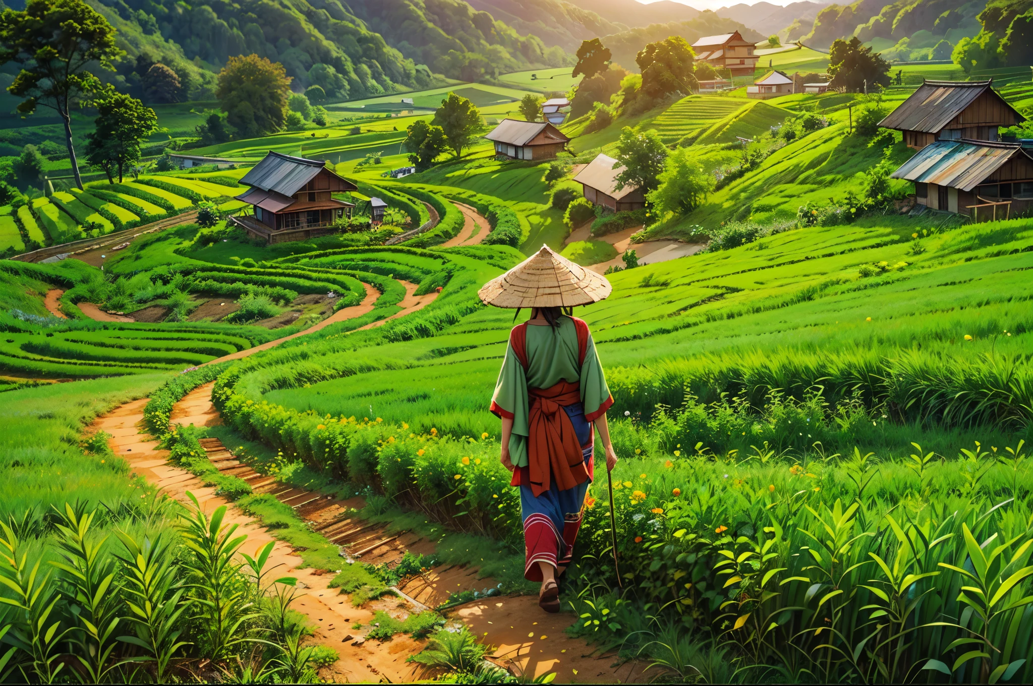 (best quality,4k,8k,highres,masterpiece:1.2),ultra-detailed,realistic,photorealistic:1.37,southeast asia,staircase field,farmer,2chickens,Vietnam,farm life,fertile land,rice terrace,traditional agriculture,harvest season,greenery,peaceful landscape,hardworking,traditional clothing,errand in the farm,sturdy bamboo hat,serene atmosphere,family-owned farm,vibrant culture,colorful traditional houses,rich heritage,breathtaking view,lush vegetation,abundant rice crops,modern farming techniques,sunshine through the leaves,buffalo grazing,community spirit,daily farm chores,simple living,sustainable farming practices,farm-to-table,fresh organic produce,farmhouse,authentic experience,tranquil countryside