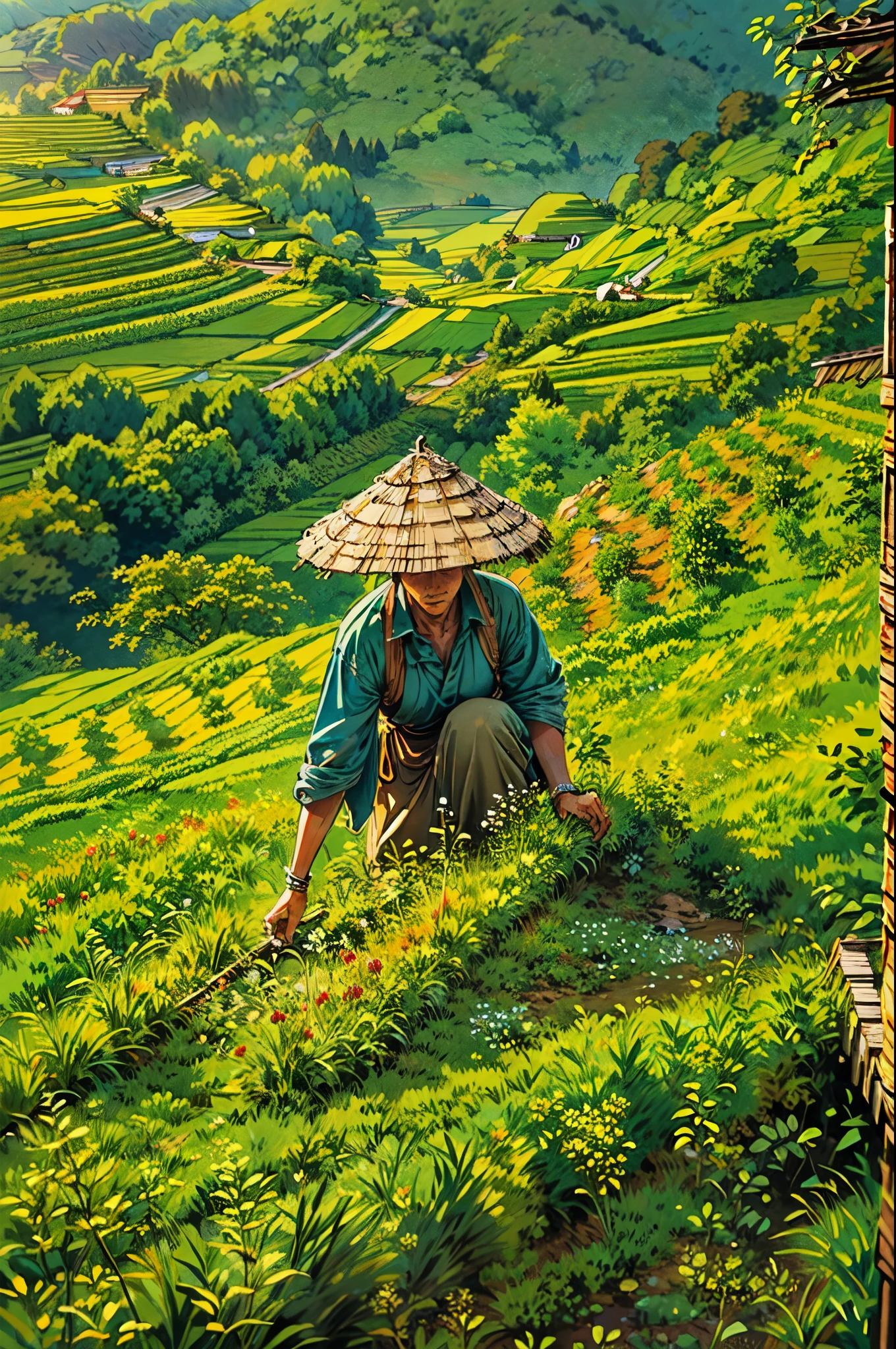 (best quality,4k,8k,highres,masterpiece:1.2),ultra-detailed,(realistic,photorealistic,photo-realistic:1.37),stunning, vibrant colors,farm life,scenic Southeast Asia stairs field,farmer working diligently,traditional Vietnamese farmer attire,natural sunlight illuminating the scene,colorful chickens happily pecking the ground,authentic Vietnamese rural setting,lush green rice terraces stretching into the distance,serene and picturesque landscape,peaceful and harmonious atmosphere,farmer's hardworking spirit,traditional farming techniques passed down through generations,cultural richness and heritage of Vietnam,meticulously detailed steps of the stairs field,subtle texture of the terraced fields,layered composition of the agricultural landscape,charming and idyllic countryside scene,immersive view of the rustic scenery,rich cultural context of Southeast Asia,Vietnamese craftsmanship and agricultural traditions shining through,authentic portrayal of the farmer's daily life,diligent caretaker of the land,stunning visual storytelling,emotionally captivating artwork,mesmerizing perspective capturing the essence of the moment,awe-inspiring depiction of the Southeast Asian farming community,inspiring and thought-provoking artwork,immersive and evocative piece of Southeast Asian art,exquisite attention to detail,showcasing the natural beauty and simplicity of rural life,meticulous craftsmanship and precision in each brushstroke,compelling narrative that sparks curiosity and imagination,stunning play of light and shadow across the scenery,evoking a sense of tranquility and serenity,embodying the timeless beauty of Southeast Asia's agricultural landscapes,inviting viewers to experience the charm and authenticity of Vietnam's countryside.