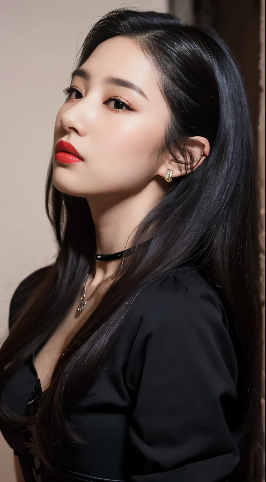 A woman with long black hair and a red lipstick - SeaArt AI