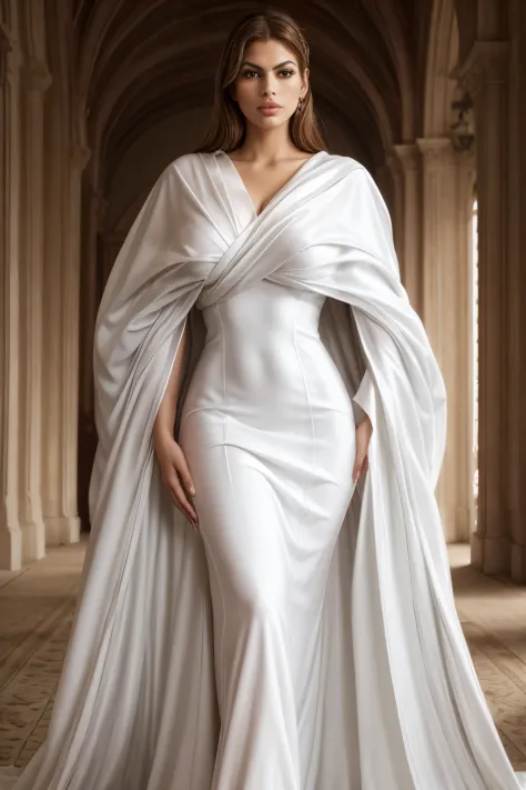 a woman (Eva Mendes) in a whitedress and cape is posing for a photo, tief ausgeschnittenes Kleid, beautiful breasts visible in t...