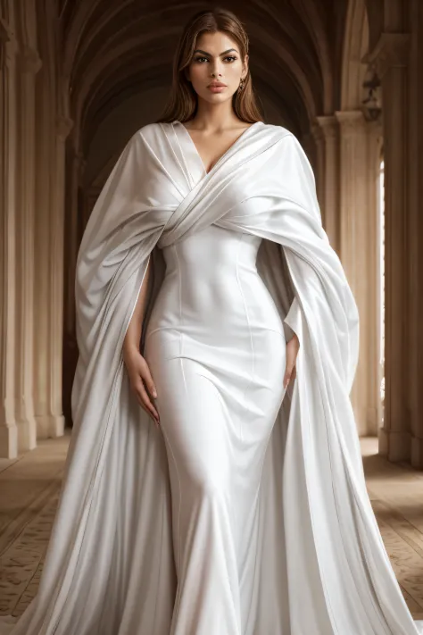 Eine Frau (Eva Mendes) in a whitedress and cape is posing for a photo, tief ausgeschnittenes Kleid, beautiful breasts visible in...