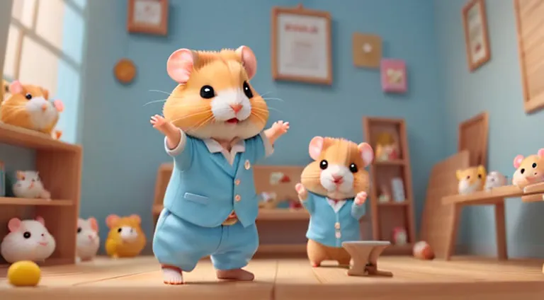 (hamster幼稚園),(dance),踊るhamster:chibi,kindergarteners,kindergarten background,children&#39;toys,wall decoration made by a child,c...