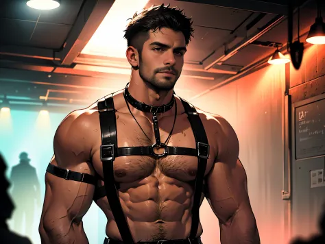 muscular man, hunk, charming, attractive, kinky chest harness, neck strap, chest hair, in a underground club, dark room, hot and...
