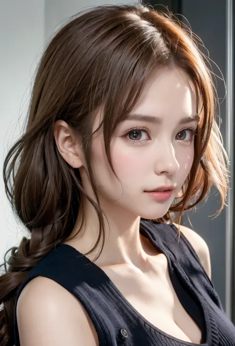 8K, of the highest quality, masutepiece:1.2), (Realistic, Photorealsitic:1.37), of the highest quality, masutepiece, Beautiful young woman, Pensive expression,、A charming、and an inviting look, Oversized knitwear、cleavage of the breast, Hair tied back, Cine...