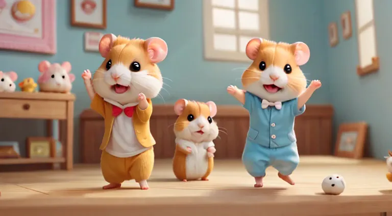 (hamster幼稚園),(dance),踊るhamster:chibi,kindergarteners,kindergarten background,children&#39;toys,wall decoration made by a child,c...