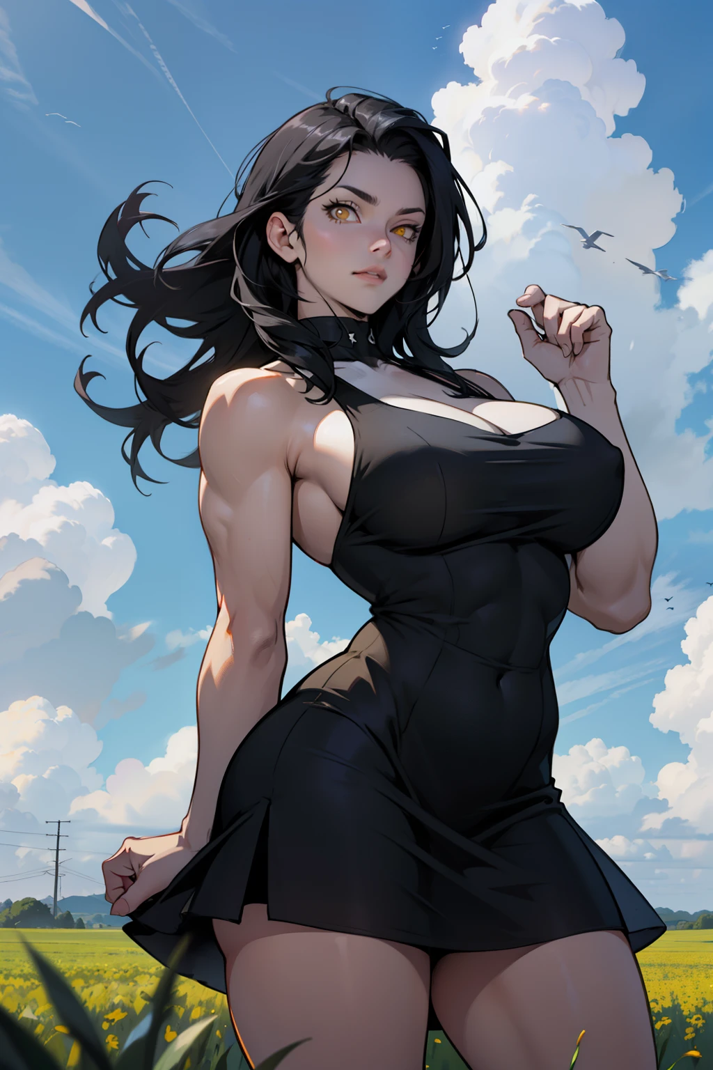 muscular huge breasts thick thighs field sky clouds black hair yellow eyes sundress black hair yellow eyes pale skin solo flowing hair
