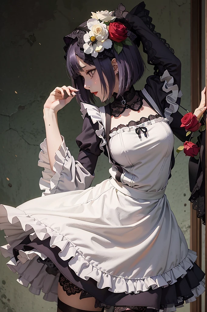 (((Young White Woman))), ((Best Quality)), ((Masterpiece)), (Detail: 1.4), MarinLora, blush, short hair, black hair, hair ornament, thighhighs, long sleeves, dress, purple eyes, purple hair, flower, pantyhose, hairband, frills, hair flower, wide sleeves, apron, black dress, cosplay, rose, floral print, lace, lolita fashion, gothic lolita (High dynamic range)