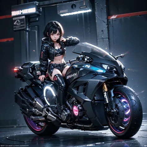 absurderes, absolutely resolution, incredibly absurderes, hight resolution, ultra-detailliert, Official art, Unity 8k壁纸, (blazing:1.4), BREAK 1 girl, saw, Short hair, Black hair, Cyber Costume, Fur jacket, gray shirt, neon light costume, long boots, cyber ...