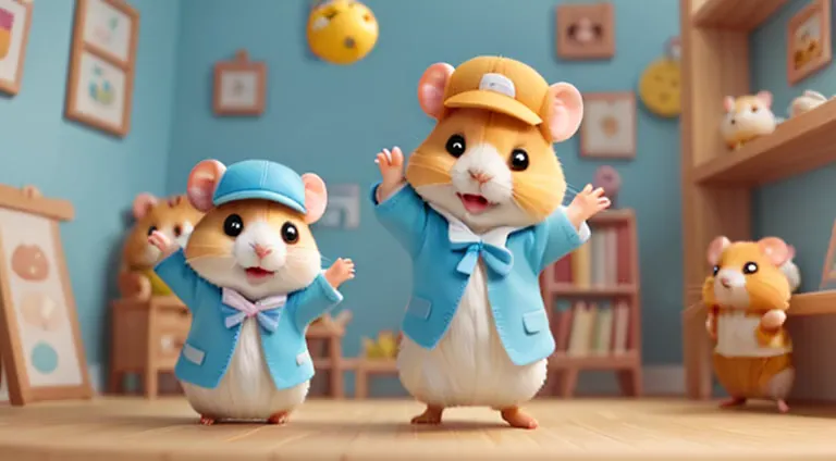 (hamster幼稚園),(dance),踊るhamster:chibi,kindergarteners,kindergarten background,children&#39;toys,wall decoration made by a child,c...