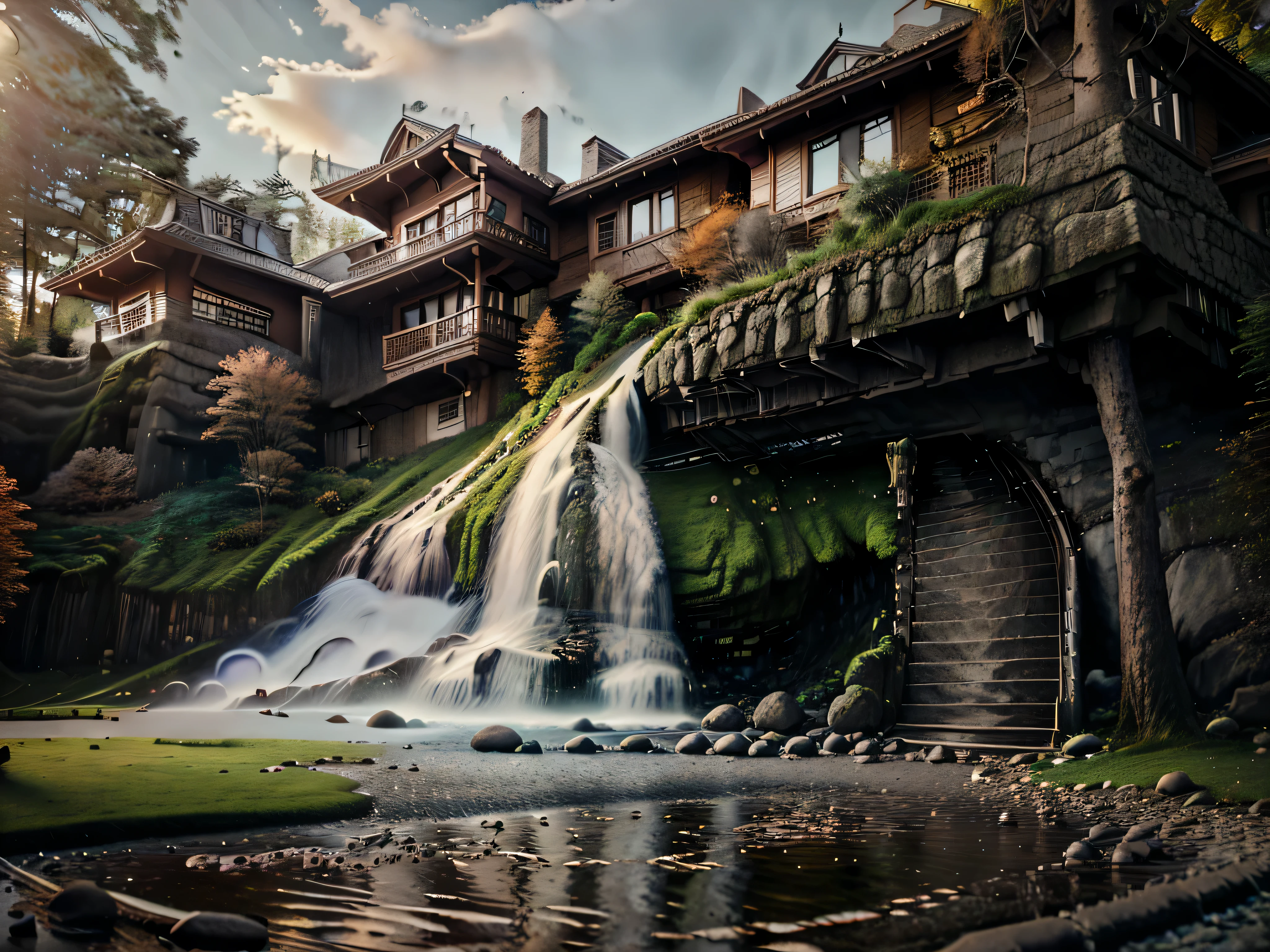 fantasy00d,house,driveway,house,driveway,(masterpiece), (detailed), (intricate details), (realistic:1.4),photo, Fujifilm,16k,fantasy,sunrise,castle,waterfall