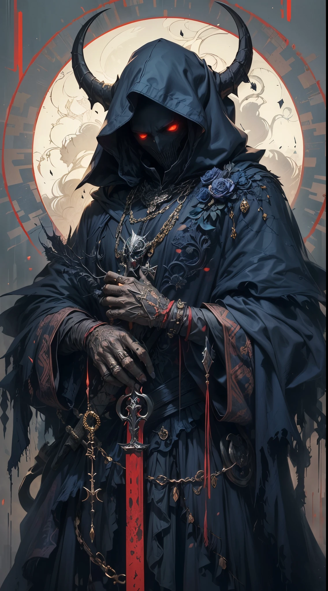 a close up of a person with a horned head and a sword, in style of dark fantasy art, dark fantasy style art, dark cloaked necromancer, beautiful male god of death, dark priest, dark hooded wraith, occult cyberpunk, dark art style, highly detailed dark art, dark fantasy illustration, dark robed, bloodborne art