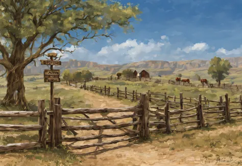 farm life, Wild West, Ranch fence and signs, (masutepiece), (Best Quality), (ultra high detailed)