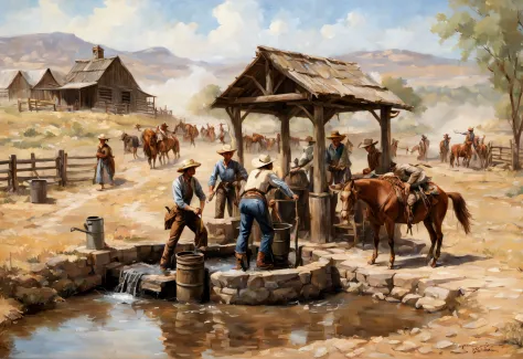 farm life, Wild West, Cowboy drawing water from a well, (masutepiece), (Best Quality), (ultra high detailed)