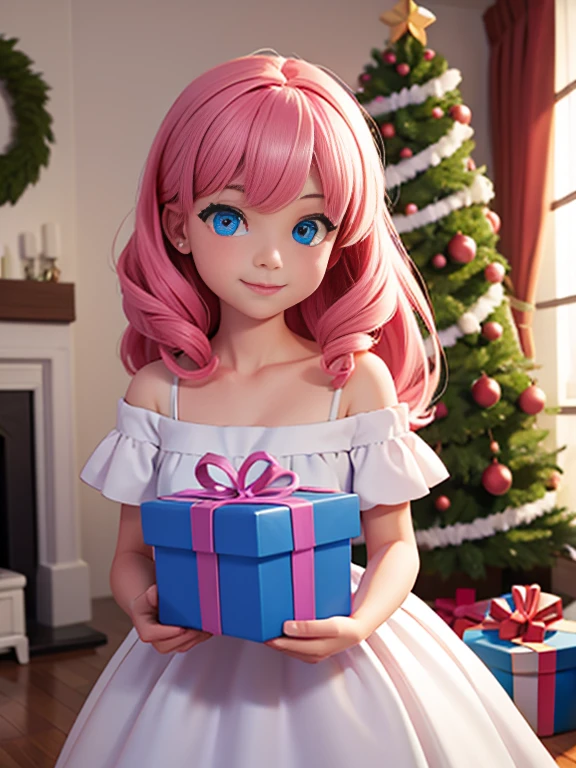 Imagen súper realista 8K UHD (((Obra maestra))), (((mejor calidad))), ((ultra definición)), de una hermosa y sonriente niña de Disney en 3D, blue eyes. cabello rosado. pequeño vestido blanco, abriendo regalos de Navidad junto al árbol en el salón, 1 chica emocionada, cara bonita y brillante
