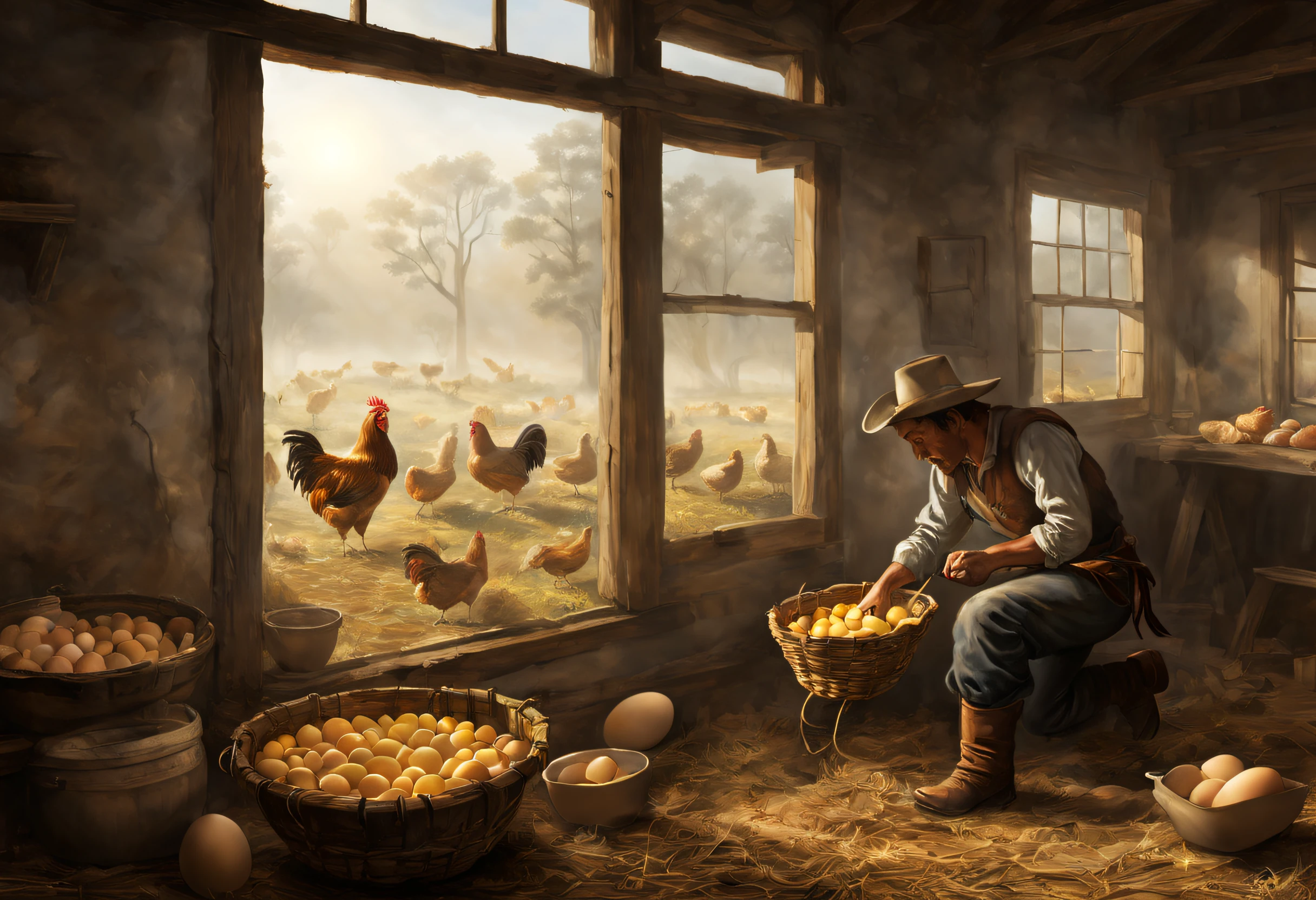 vida de granja, salvaje oeste, Vaquero cosechando 10 huevos de gallina., luz brillando a través de una pequeña ventana, luz de volumen:1.3, niebla, (mesa), (mejor calidad), (ultra alto detalle)