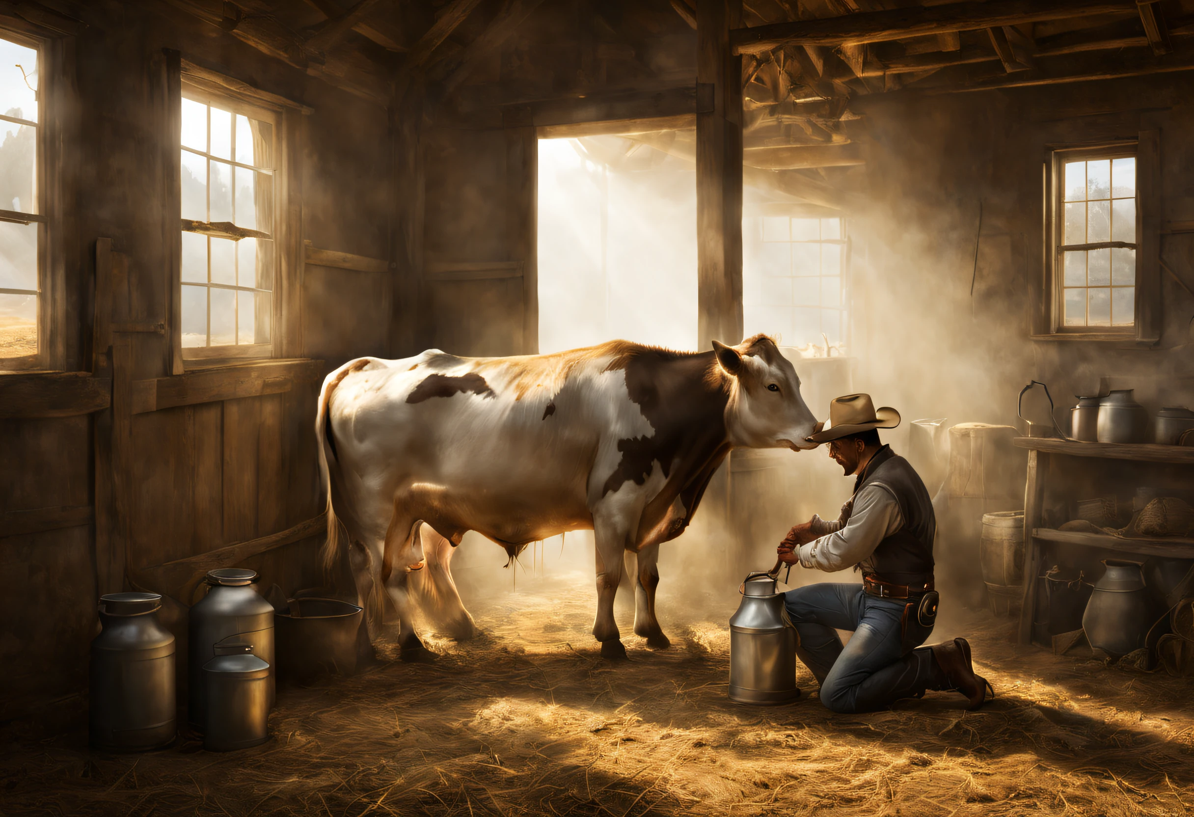 bauernhofleben, wilder Westen, Cowboy, der eine Kuh in einer Scheune melkt, Licht, das durch ein kleines Fenster scheint, Volumen Licht:1.3, Nebel, (Tischplatte), (beste Qualität), (ultrahochdetailliert)