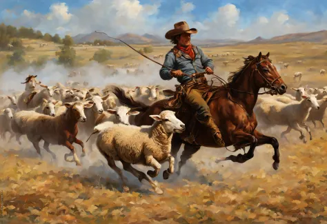 farm life, Wild West, Cowboy chasing sheep on horseback, (masutepiece), (Best Quality), (ultra high detailed)