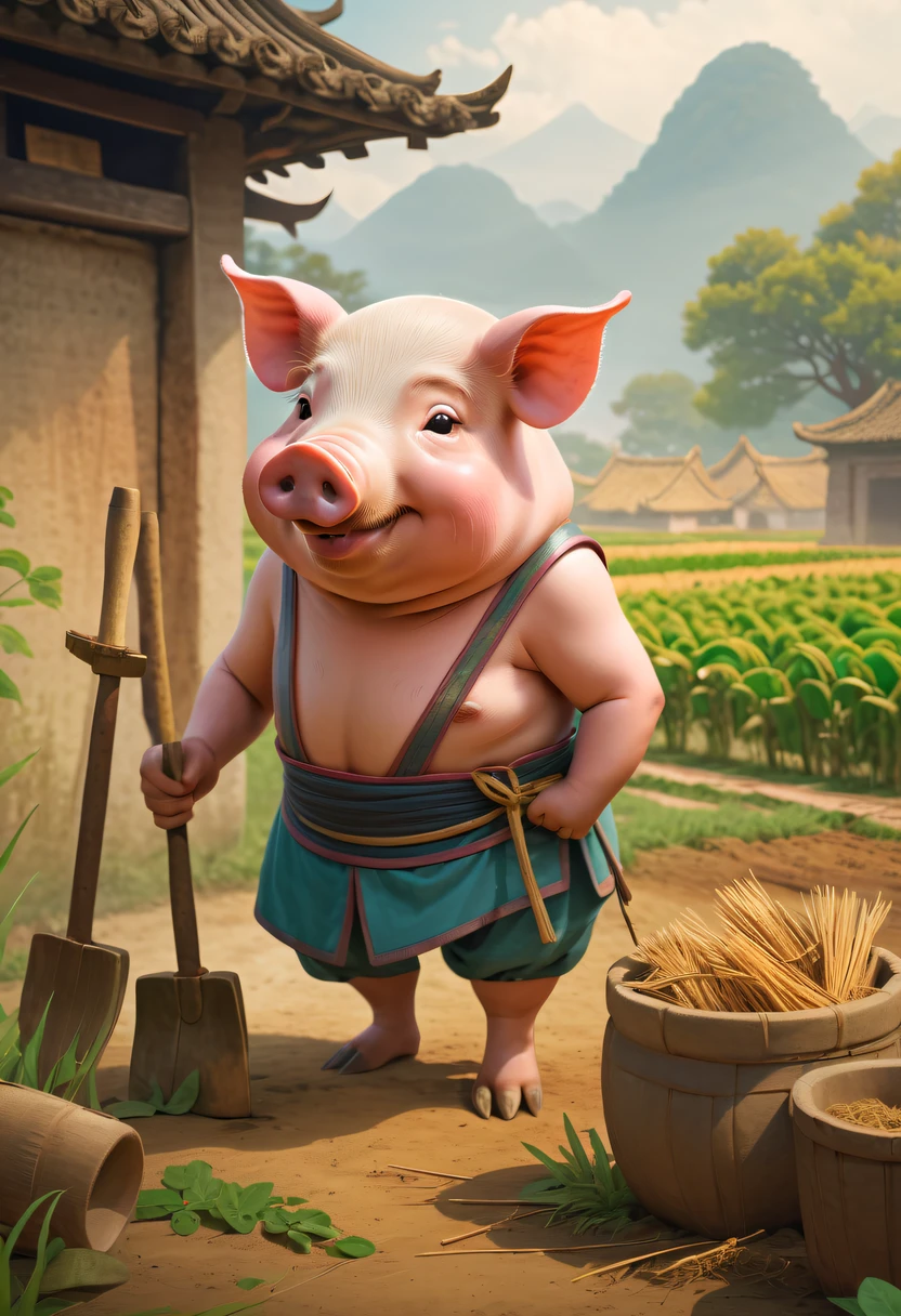 Farm life，Anthropomorphic pigs，ancient Chinese costume，Pigs working in the fields，tools