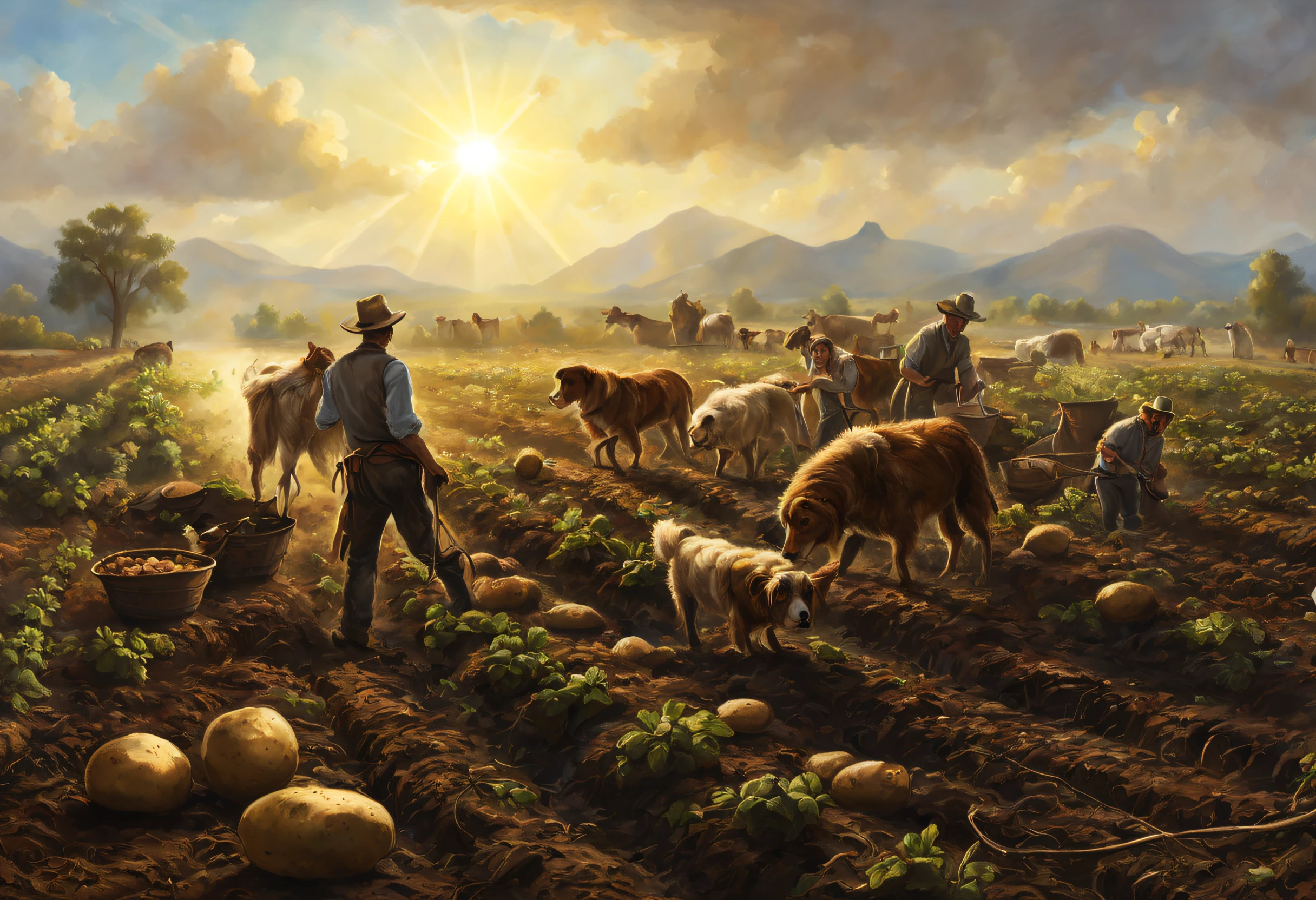 farm life, Wild West, Cowboy harvesting potatoes in the field, a Dog, Sweat, Intense sunlight, (masutepiece), (Best Quality), (ultra high detailed)