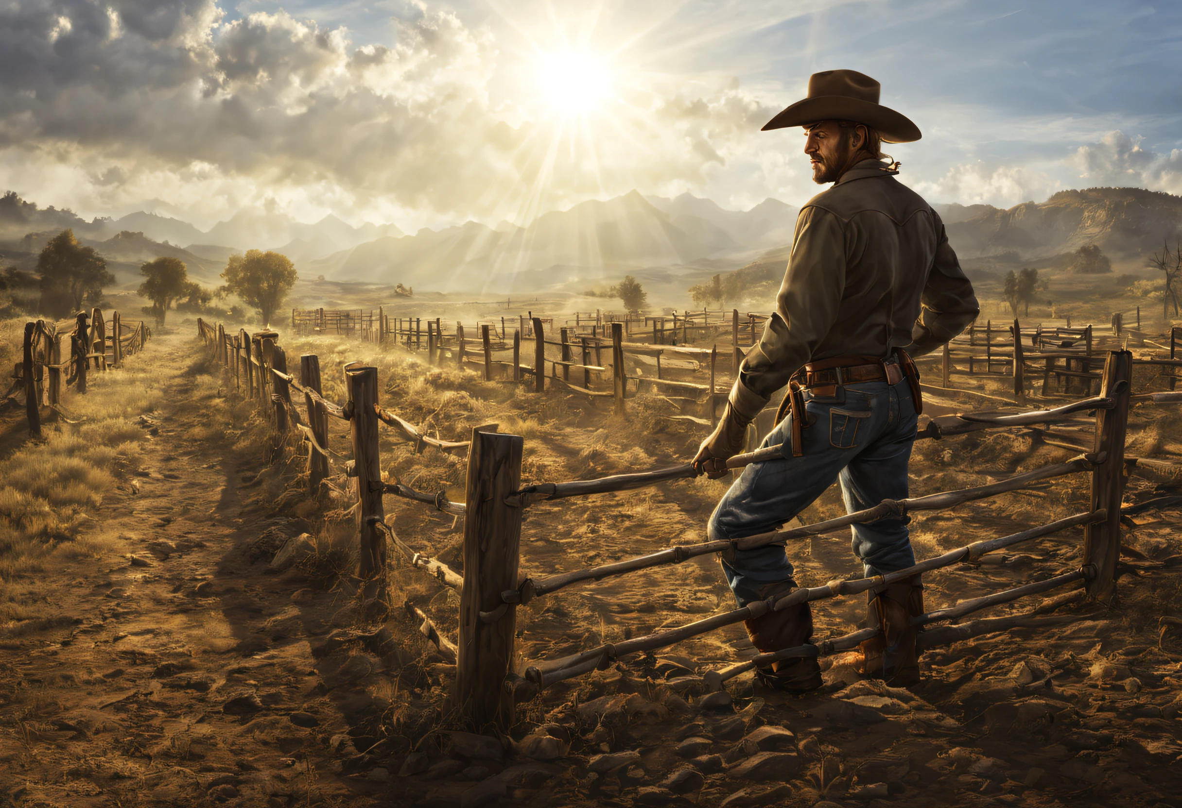 farm life, Wild West, Cowboy building fence for ranch, Sweat, Intense sunlight, (masutepiece), (Best Quality), (ultra high detailed)