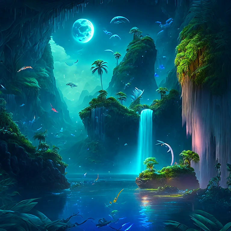 Uma encantadora selva de fantasia sob um céu enluarado, enormes ilhas flutuantes cobertas por vegetação exuberante, cachoeiras em cascata, e criaturas iluminadas voando pela noite, arte digital