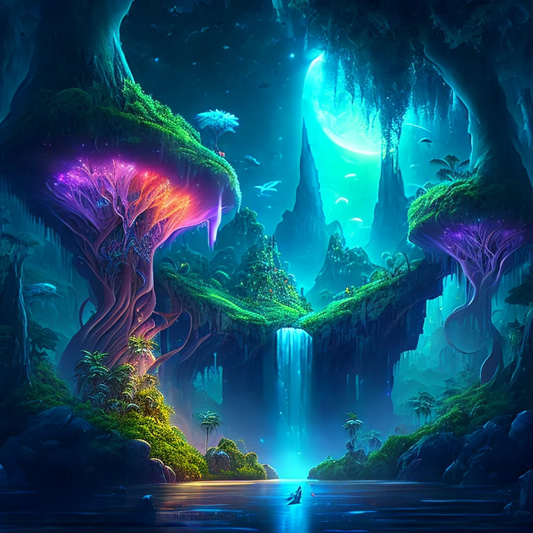 An enchanting fantasy jungle under a moonlit sky, massive floating islands covered in lush vegetation, cascading waterfalls, and illuminated creatures soaring through the night, Digital artwork