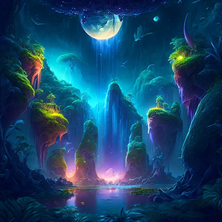 Uma encantadora selva de fantasia sob um céu enluarado, enormes ilhas flutuantes cobertas por vegetação exuberante, cachoeiras em cascata, e criaturas iluminadas voando pela noite, arte digital