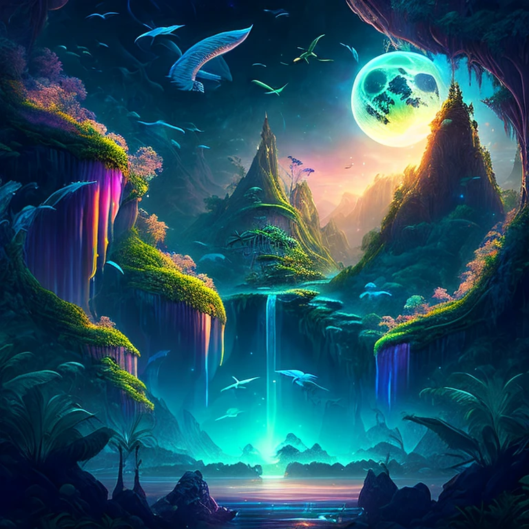 An enchanting fantasy jungle under a moonlit sky, massive floating islands covered in lush vegetation, cascading waterfalls, and illuminated creatures soaring through the night, Digital artwork