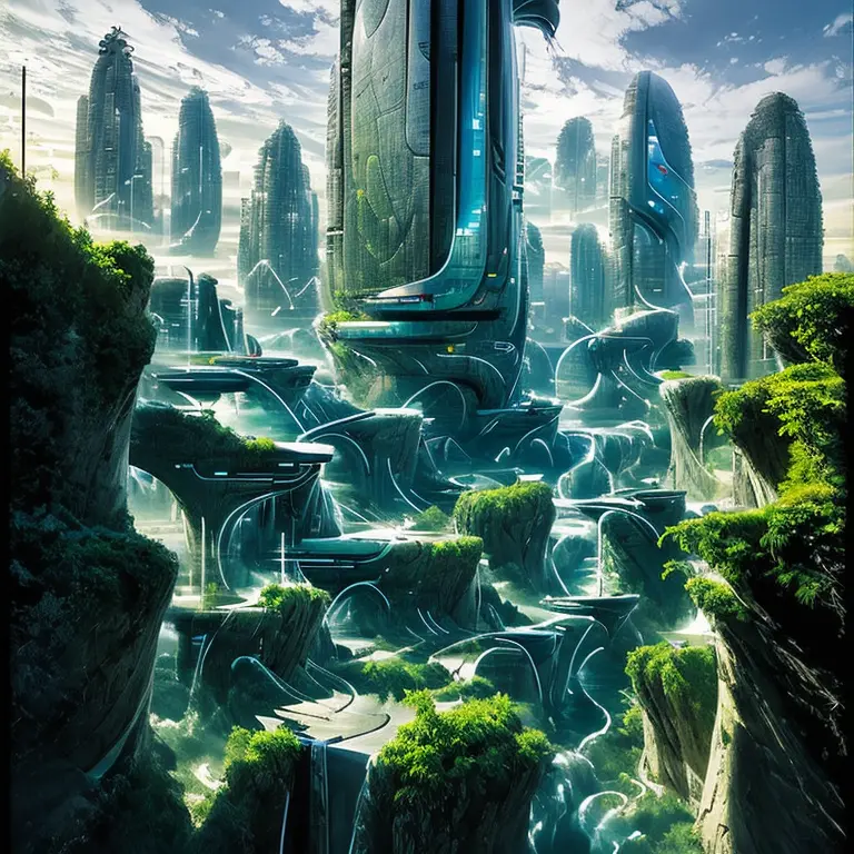 Airbrush drawing --v 5.1 style Futuristic design of an awesome sunny day environment concept art on a futuristic terrain with hu...
