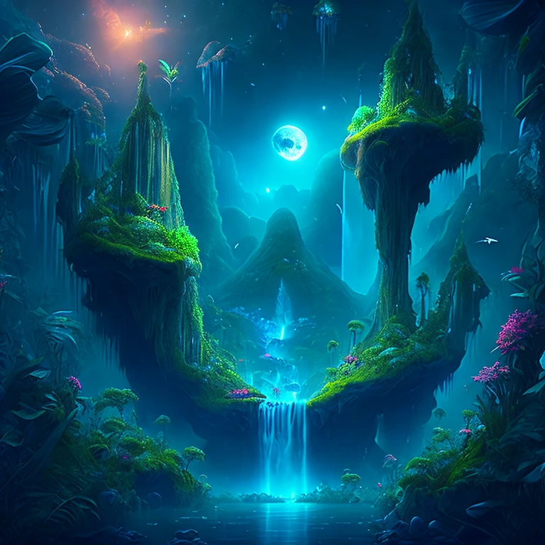 Uma encantadora selva de fantasia sob um céu enluarado, enormes ilhas flutuantes cobertas por vegetação exuberante, cachoeiras em cascata, e criaturas iluminadas voando pela noite, arte digital