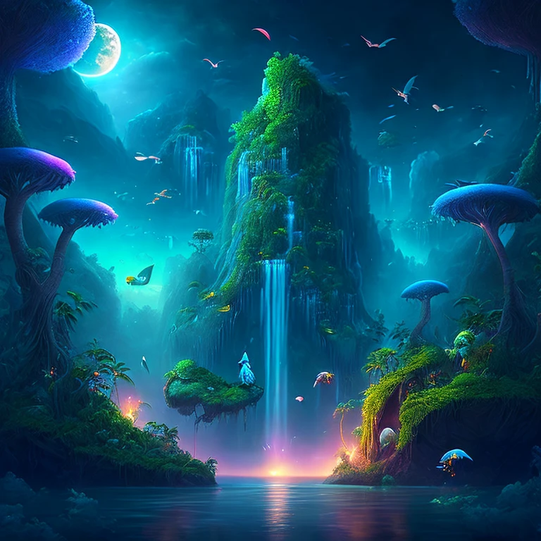 Uma encantadora selva de fantasia sob um céu enluarado, enormes ilhas flutuantes cobertas por vegetação exuberante, cachoeiras em cascata, e criaturas iluminadas voando pela noite, arte digital