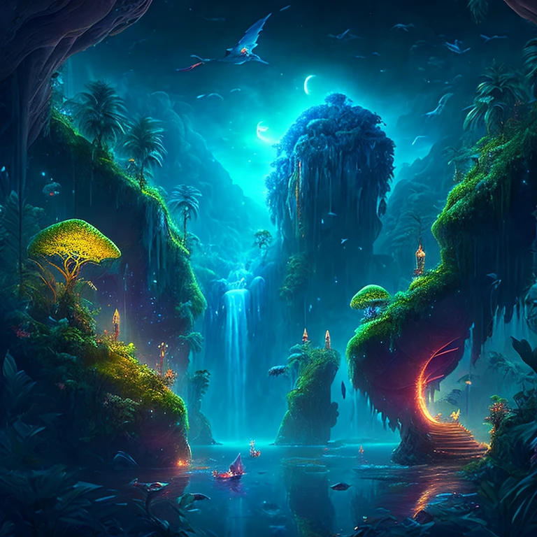 An enchanting fantasy jungle under a moonlit sky, massive floating islands covered in lush vegetation, cascading waterfalls, and illuminated creatures soaring through the night, Digital artwork