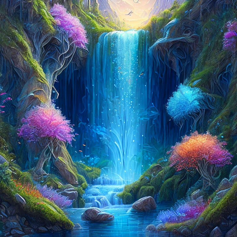 Una pintura de una cascada con una cascada en el medio, arte digital de fantasía detallada, magic fantasía muy detallada, highly arte de fantasía detallado, hermosa fantasía detallada, ambiente magico, fondo mágico, paisaje magico, intrincada pintura de fantasía, arte de fantasía detallado, paisaje onírico detallado, fantasía muy detallada, ilustración detallada de fantasía, Arte digital 4k muy detallado, hermosa pintura de fantasía, bosque mágico de fantasía