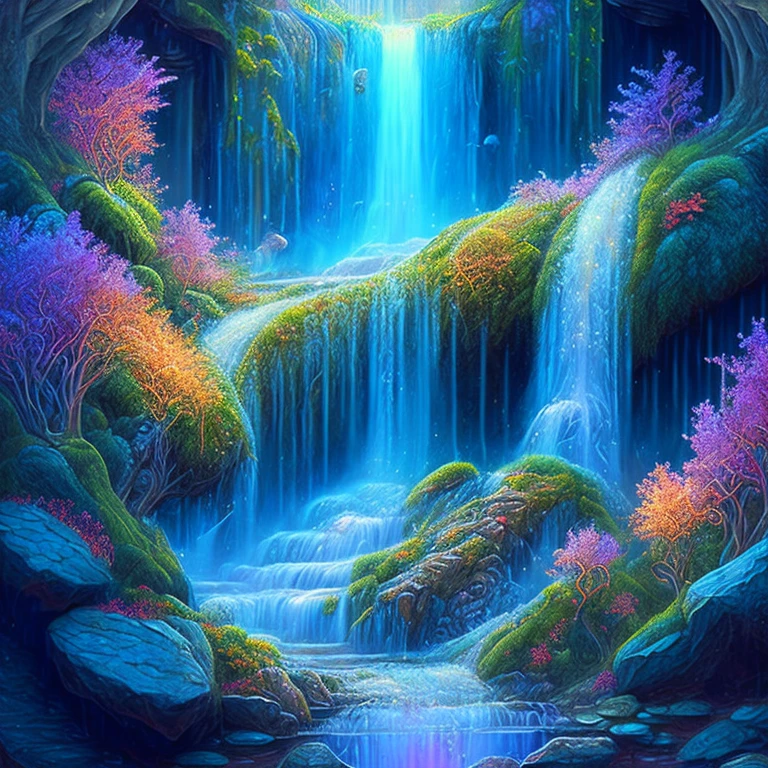 ein Gemälde eines Wasserfalls mit einem Wasserfall in der Mitte, detaillierte Fantasie digitale Kunst, magic Fantasie hochdetailliert, highly detaillierte Fantasy-Kunst, schöne detaillierte Fantasie, Magische Umgebung, magischer Hintergrund, magische Landschaft, komplizierte Fantasy-Malerei, detaillierte Fantasy-Kunst, detaillierte Traumlandschaft, Fantasie hochdetailliert, detaillierte Fantasieillustration, 4K hochdetaillierte digitale Kunst, wunderschönes Fantasygemälde, magischer Fantasiewald