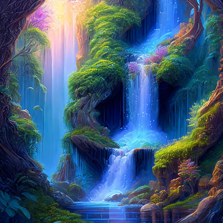 ein Gemälde eines Wasserfalls mit einem Wasserfall in der Mitte, detaillierte Fantasie digitale Kunst, magic Fantasie hochdetailliert, highly detaillierte Fantasy-Kunst, schöne detaillierte Fantasie, Magische Umgebung, magischer Hintergrund, magische Landschaft, komplizierte Fantasy-Malerei, detaillierte Fantasy-Kunst, detaillierte Traumlandschaft, Fantasie hochdetailliert, detaillierte Fantasieillustration, 4K hochdetaillierte digitale Kunst, wunderschönes Fantasygemälde, magischer Fantasiewald