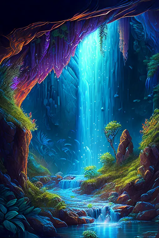 a painting of a cave with a waterfall in the middle, detailed fantasy digital art, magic fantasy highly detailed, highly detaile...