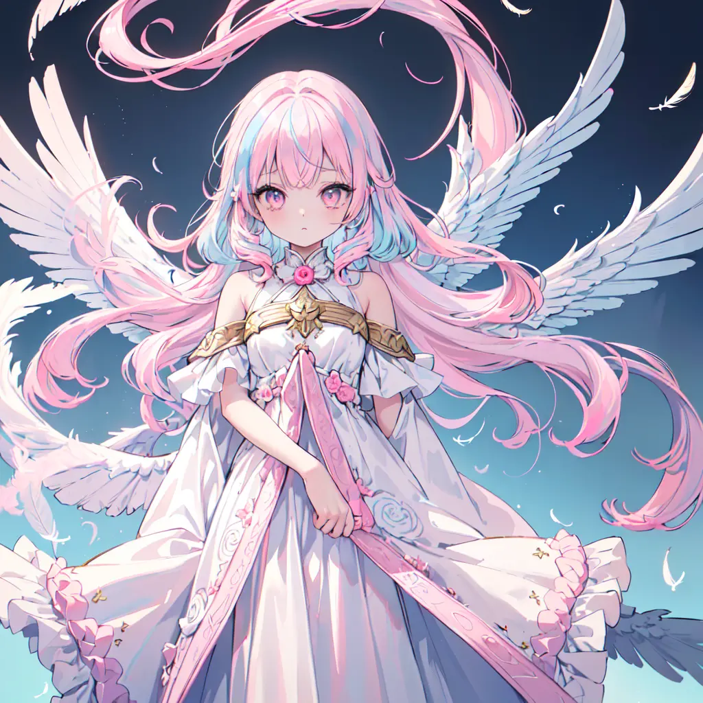 (((masterpiece, high quality))), 1girl, angel girl, (((wings))), winter grey eyes, (gold and white feathers), celestial, demonic...