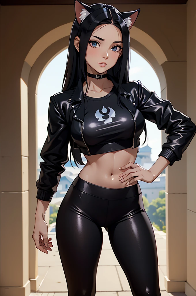 beautiful young female warrior fighter with cat ears on her head, com rosto bem detalhado e bonito, belos olhos, belos olhos, rosto lindo, beautiful young woman wearing long black leggings with black details,  mini saia curta, usando jaqueta de couro preta, standing in a castle, usando bota preta, cabelo comprido com franja preto, ,orelhas de gato, belo sorriso, tomboy, um pouco musculosa,suter branco com cinta em volta, olhar serio,usando jaqueta de couro preto, com ombreiras de prata nos ombros, leather jacket