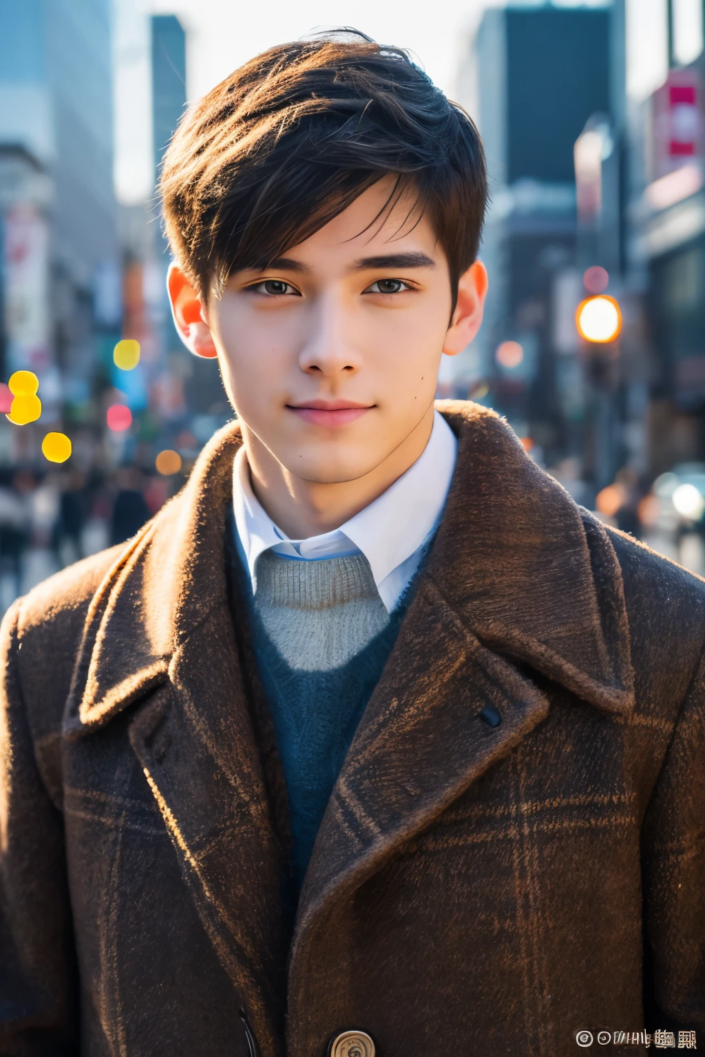 Arafed image of a man in a coat and sweater standing in a city SeaArt AI