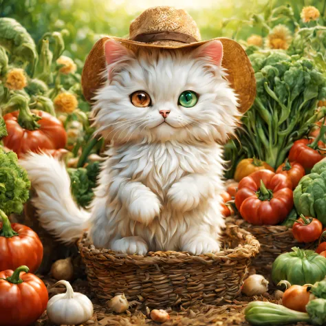(minuet、Do farm work、odd eye),Growing vegetables,Background of the field,a straw fedora hat,Tools,grow crops from seeds,cute little,​masterpiece,top-quality,Fluffy cat,,A delightful,tre anatomically correct,,Fantasia,Cats,minuet,odd eye