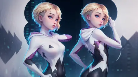 ghost spider, gwen  in a black outfit with spider in the center of his chest in white, organic looking outfit, gooey forehead, symbiote, white eyes, fine art, ps5 cinematic screenshot,highly detailed detailed cinematic rendering, ultra photorealistic raytr...