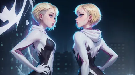 ghost spider, gwen  in a black outfit with spider in the center of his chest in white, organic looking outfit, gooey forehead, s...