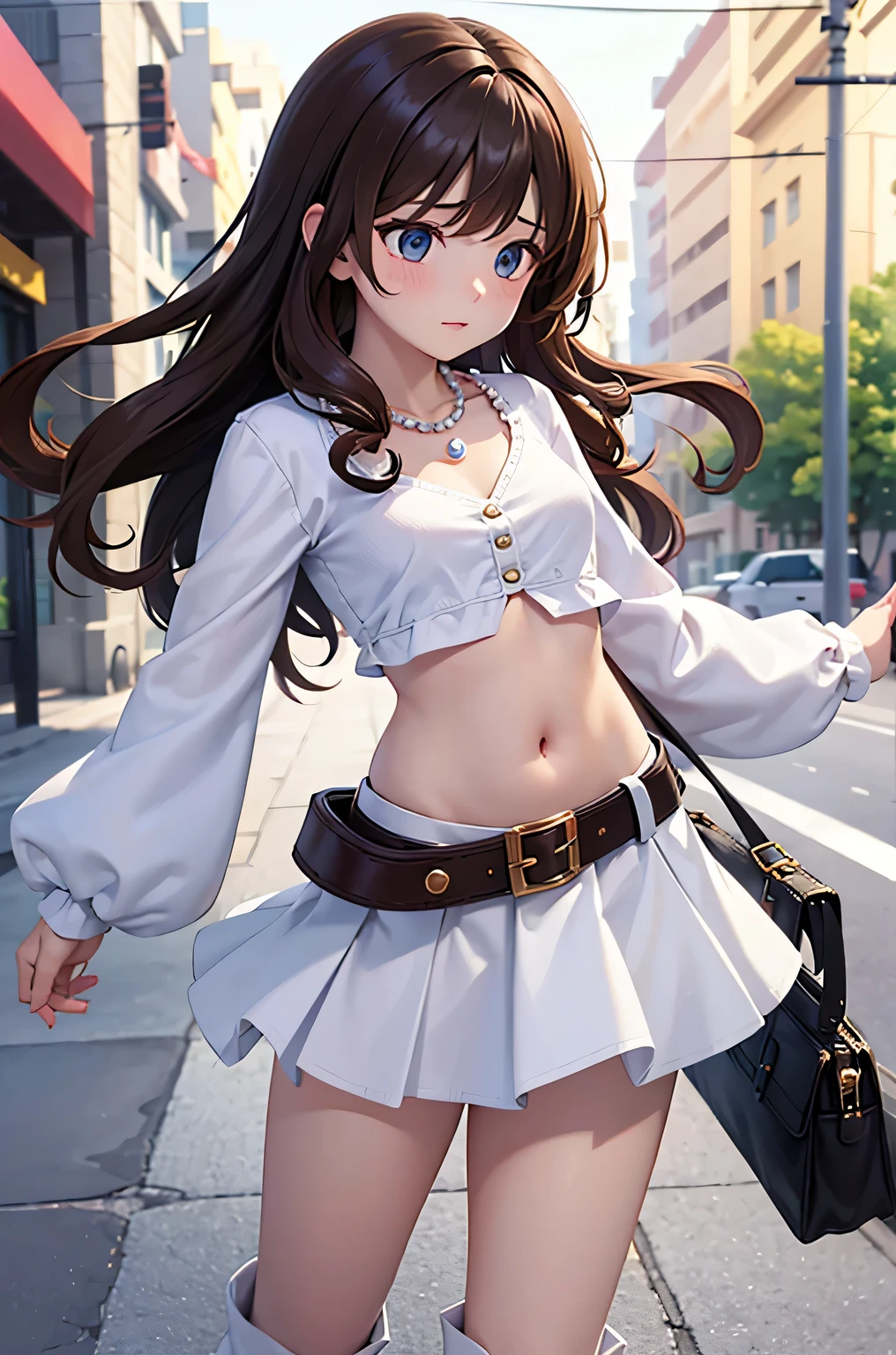 vibrant colors, masterpiece, sharp focus, best quality, depth of field, ultra detailed, gypsy top, white shirt, long sleeves, 1 woman, solo, belt, navel, tummy, midriff, street, white boots, looking down, white skirt, confused, v neck, long hair, curly hair, dark brown hair, pearl necklace