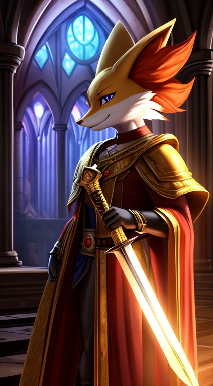 Uploaded to E621, anthropomorphic, male, Delphox, Delphox ear fur, wearing phantasy star style armor, holding the sword Elsydeon, cinematic lighting, detailed background of the inside of a cathedral, half body shadow, detailed ambient light, sharp focus, soft shaded, Furry Fantasy Art, Anthro Art,Furry Art, POV furry Art, best quality, detailed image, bright colors, detailed face, perfect shadows, flawless face, center focus, animal nose, muzzle, full body view, masterpiece 1.21, illustration:1.2, detailed fur, global illumination,