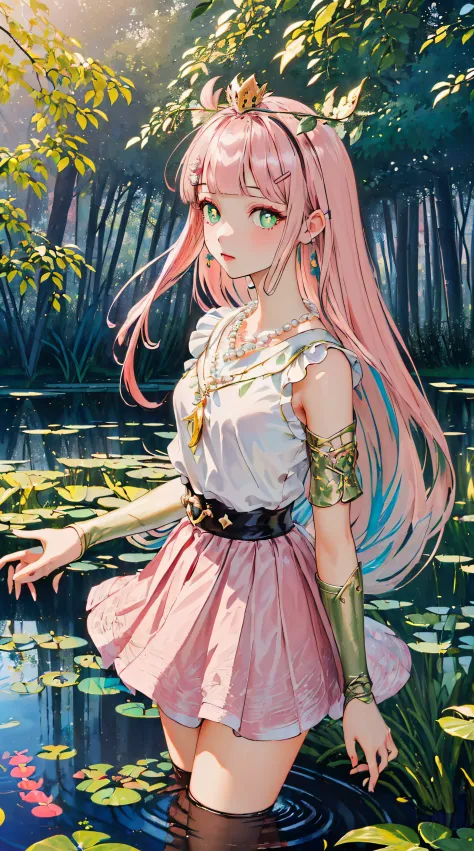 (((((Pearl pink hair,yellow choker,leaf crown,green pupills))))),((((((En plein air,beautiful pond scenery, Mottled sunlight,)))...