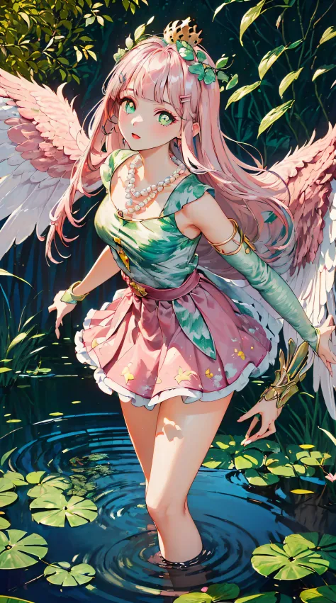 (((((Pearl pink hair,yellow choker,leaf crown,green pupills))))),((((((En plein air,beautiful pond scenery, Mottled sunlight,)))...